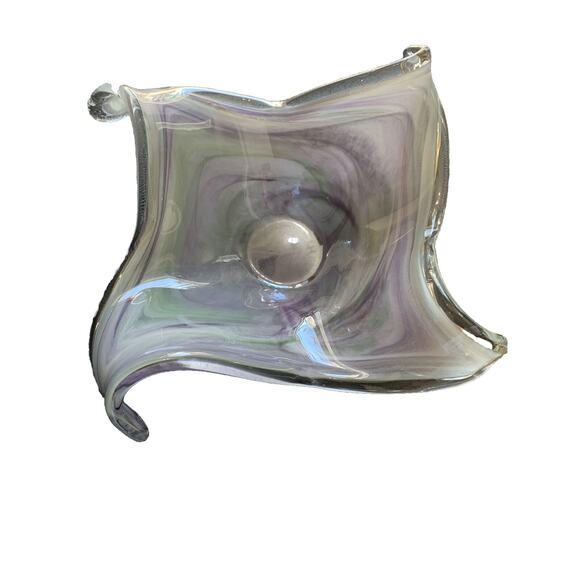 19” Murano Style Handblown Bowl Glass Ribbon Vase Wave Ribbed Purple Green Glass - Picture 7 of 16